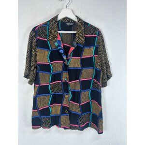Carole Little Womens Short Sleeve Geometric Pattern Button-Down Shirt 14 Petites